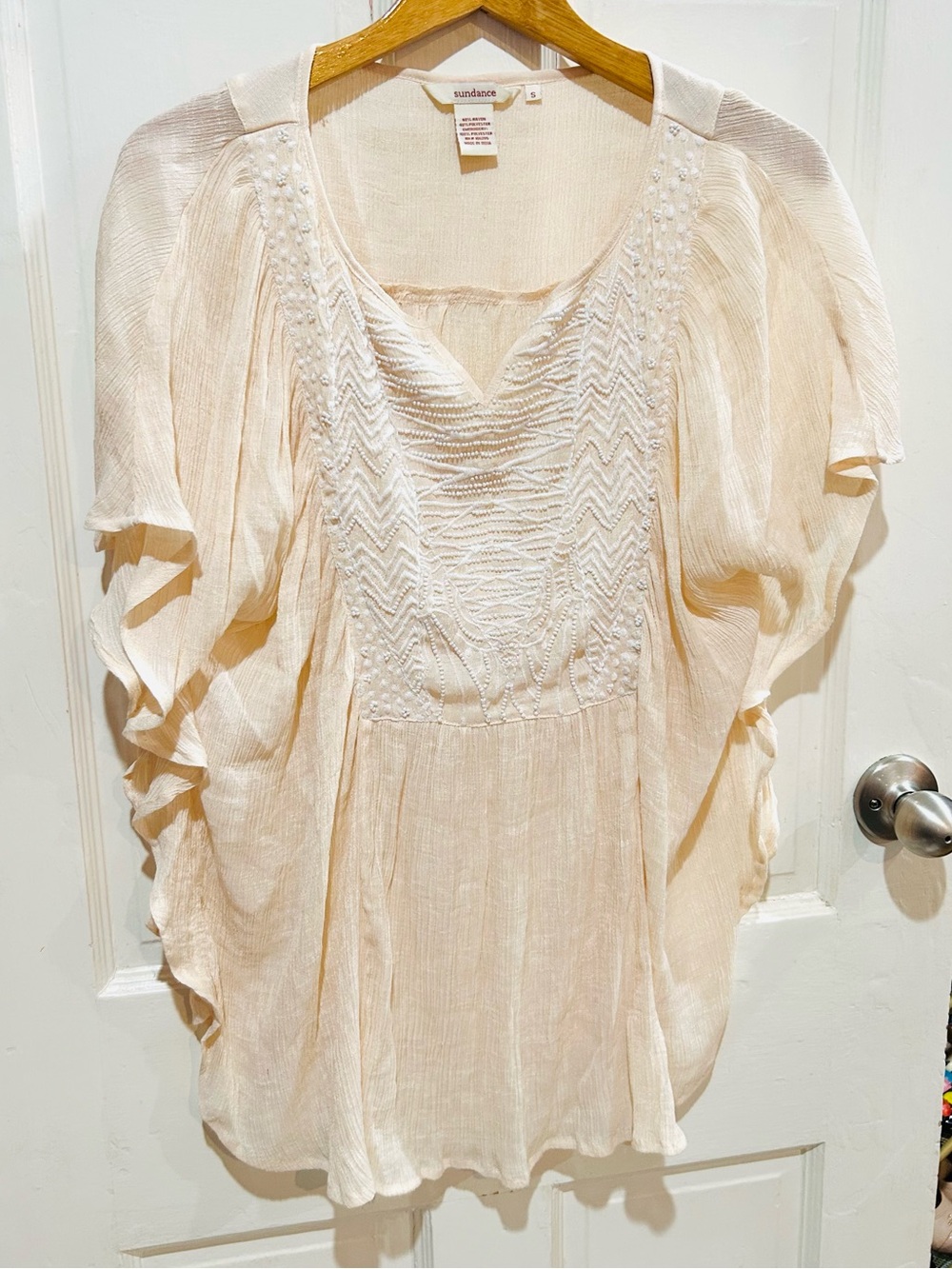 SUNDANCE Blush Cream Beaded Gauze Batwing Blouse Summer Boho Western Size S